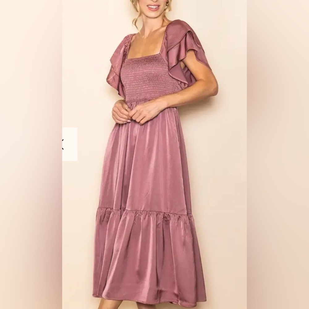 New Smocked Ruffle-Sleeve Maxi Dress in Mauve Balletcore Satin feel